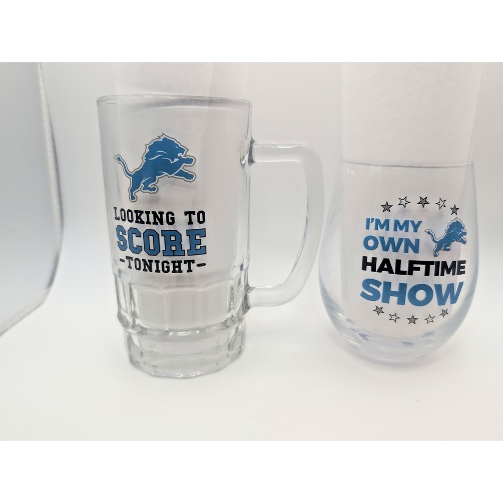 Nfl Detroit Lions Beer Mug Stemless Wine Glass Set Of Two His And Hers Football